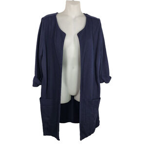 Garnet Hill Womens Open Front Cardigan Size M French Terry Blue Pockets Knit